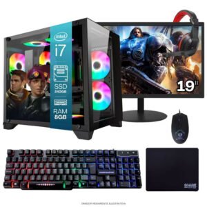 Computador Pc Gamer Completo Tob Intel Core I7 Ssd 480gb 16gb Gabinete Aquário Teclado Mouse Mouse Pad e Headset Gamer Monitor 19"