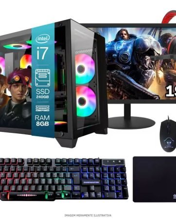 Computador Pc Gamer Completo Tob Intel Core I7 Ssd 480gb 16gb Gabinete Aquário Teclado Mouse Mouse Pad e Headset Gamer Monitor 19